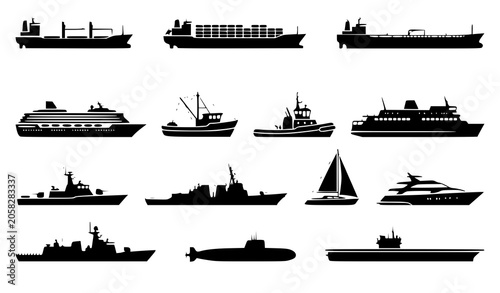 Schilderij op canvas Fifteen Ship Silhouettes Vector Set with Cargo Naval and Passenger Vessels