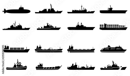 Fotografie Military and Cargo Ship Silhouette Icon Set with Submarines Destroyers and Conta