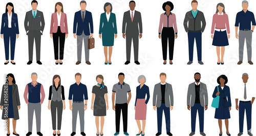 multiethnic business professional characters set standing together creative community office workers team flat vector illustration collection isolated on white