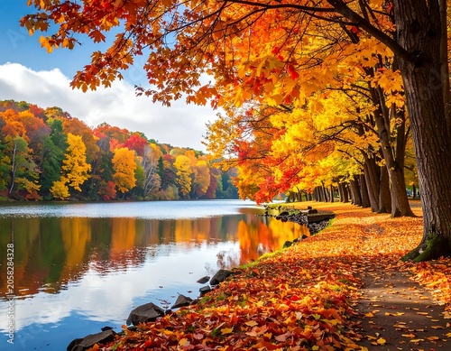 A serene lake surrounded by vibrant autumn foliage