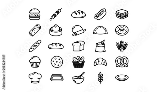 Foto Premium Bakery Bread and Fast Food Line Icons Pack Editable Stroke Culinary Vect