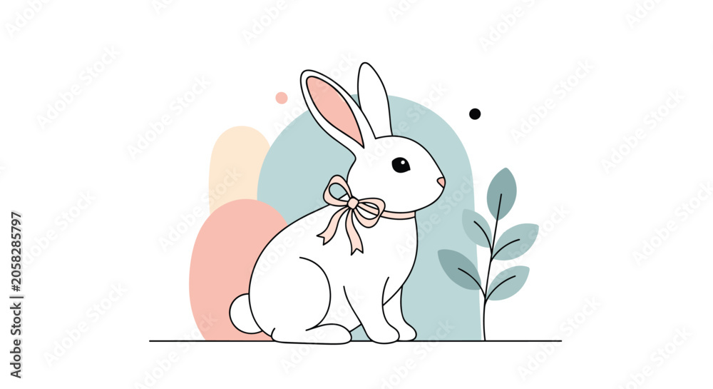 Obraz premium Adorable white rabbit with a pink ribbon collar sits gracefully next to a simple leafy plant on a clean background.