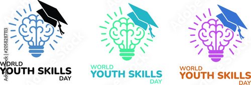 World youth skills day logos with graduation caps and light bulbs