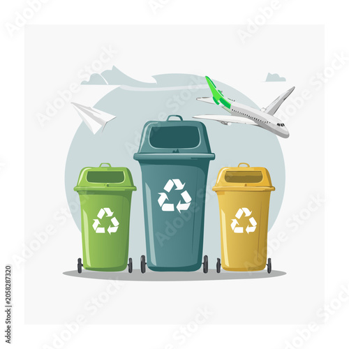 Colorful recycling bins with airplane and paper plane illustration