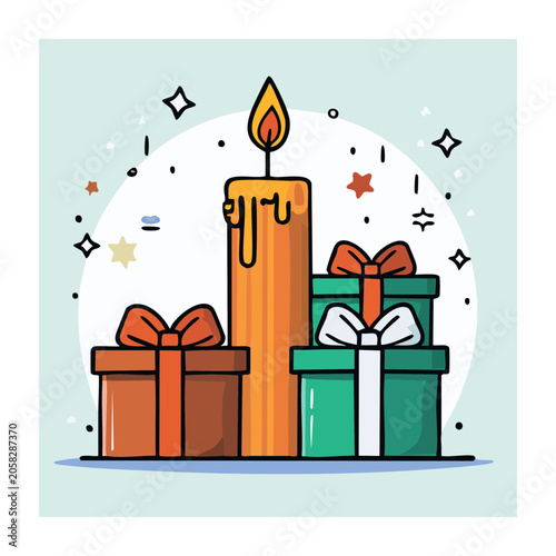 Flat design birthday candle and gift boxes illustration