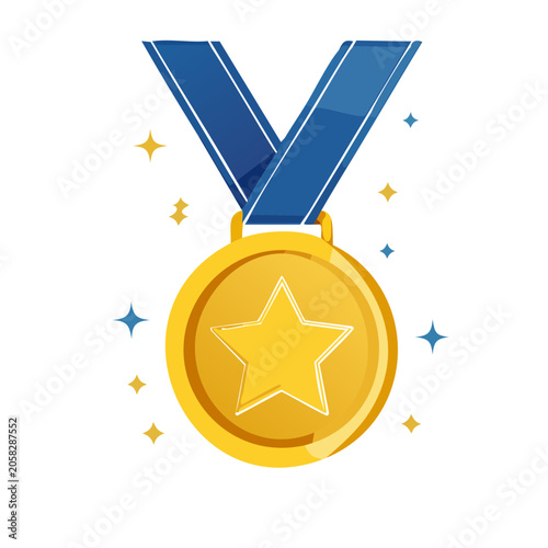 Gold medal with blue ribbon and star, award concept