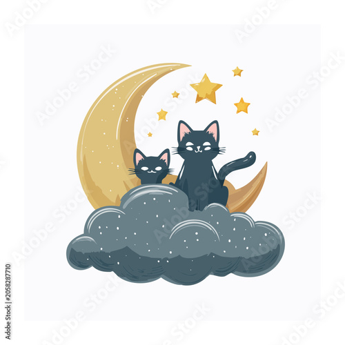 Two Black Cats Sitting on a Cloud with Moon and Stars
