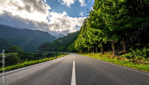 A serene highway stretching through a lush forest with mountains
