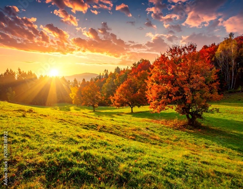 A serene landscape of a grassy field with trees displaying vibrant autumn colors under a sunset sky