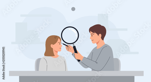 Ophthalmologist Examines Patient's Eye with Magnifying Glass, Medical Checkup
