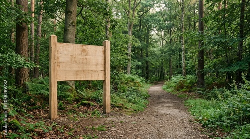 Wooden sign on forest trail path.