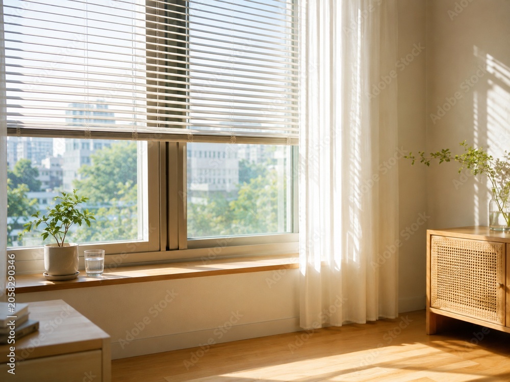 Fototapeta premium Korean Summer Heat at Home Series - Strong Sunlight in Minimal Apartment Interior