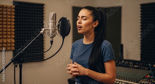 A young woman singing in a recording studio with a microphone and headphones.