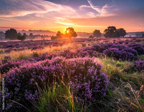 A serene landscape of a field with purple flowers and trees at sunrise
