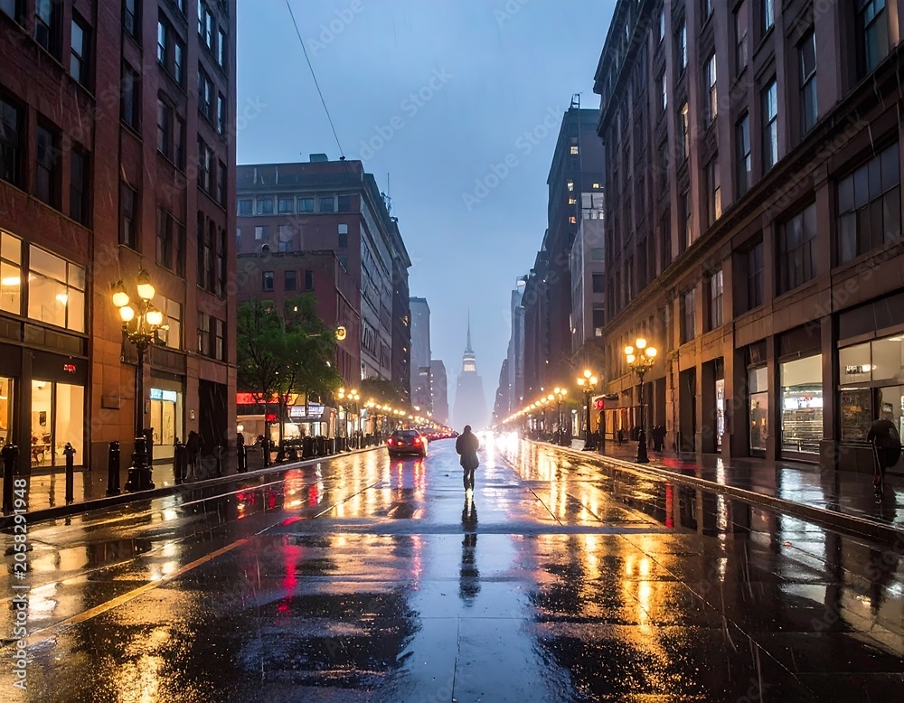 Fototapeta premium Rainy Urban Street Reflecting City Lights at Dusk Between Tall Buildings