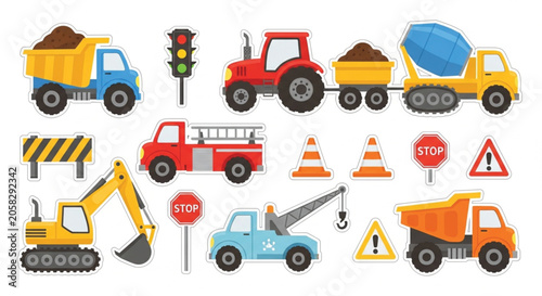 Cute construction vehicles vector clipart set with cartoon dump truck excavator fire engine and road signs on white background