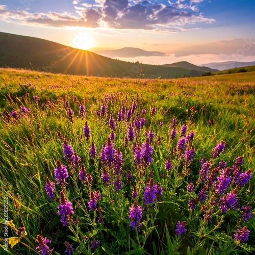 A serene landscape of purple flowers on a green meadow at sunrise