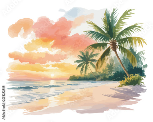 Watercolor Tropical Island Scene, Golden Sunset Beach Illustration, Isolated Vector Design