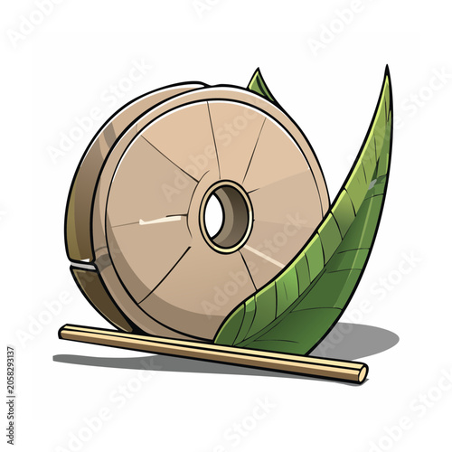 Cartoon Stone Wheel with Green Leaf on Wooden Stand