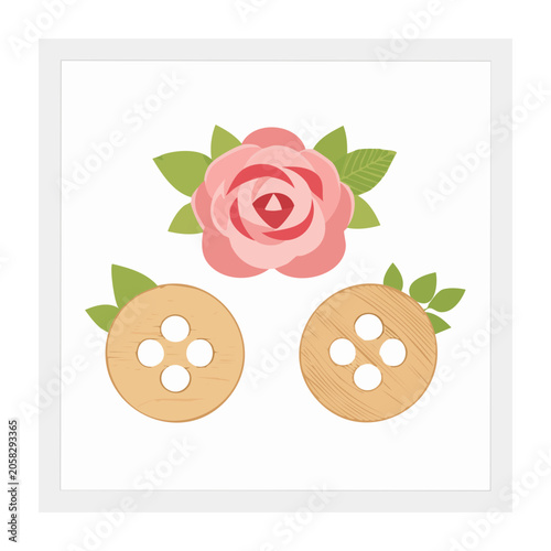Pink Rose and Wooden Buttons Flat Illustration