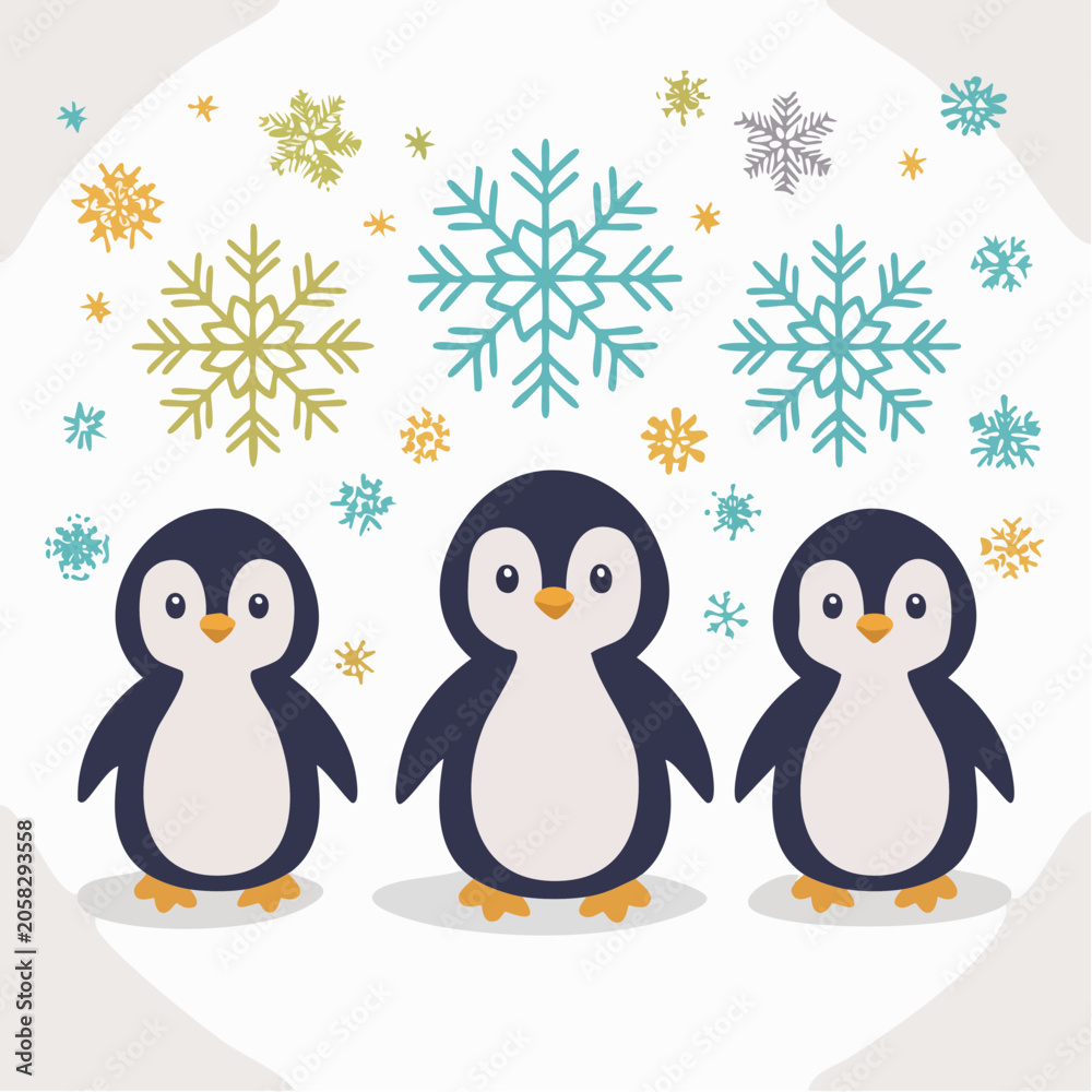Naklejka premium Cute Penguins and Snowflakes Illustration