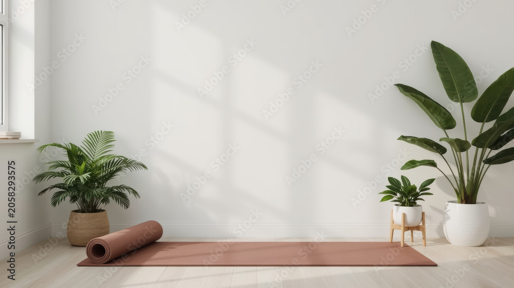 Fototapeta premium Minimalist yoga mat in sunlit room with indoor plants creating calm wellness scene
