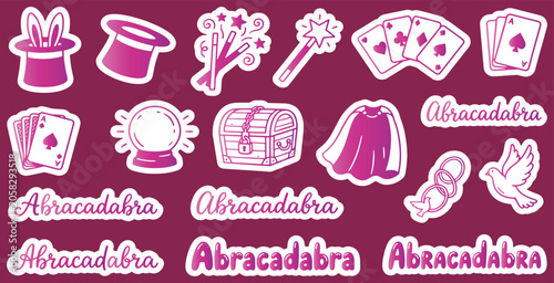 Фотография Abracadabra Magic Show Stickers with Wizard Hat, Playing Cards, Wand, and Crystal Ball