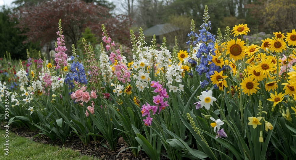 Fototapeta premium Document meticulously arranged May garden blooms highlighting diverse floral species in expansive � Professional Stock Photography Concept for Commercial and Marketing Use