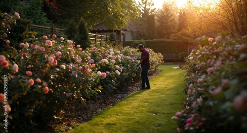 Gardener tending rose bushes at sunrise on lush garden walkway capturing peaceful � Professional Stock Photography Concept for Commercial and Marketing Use