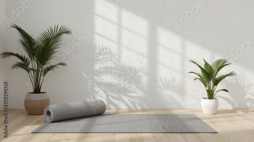Minimalist yoga mat and potted plant sunlight shadow calm wellness