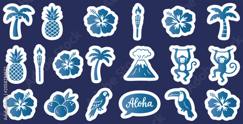 Photography Set of tropical Hawaiian stickers with palm trees, pineapples, hibiscus flowers, and other island elements