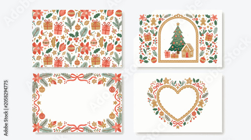 Foto Four festive Christmas holiday card designs featuring patterns, frames, a tree, and gingerbread house
