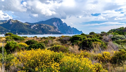 A serene landscape with yellow flowers and green bushes in the foreground, a body of water, and a mountain range under a cloudy sky