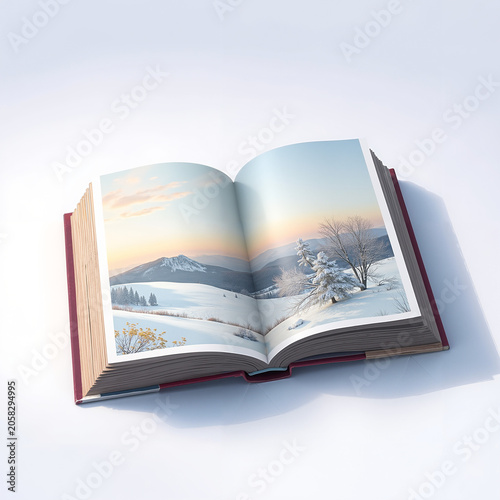 Open book displaying winter landscape with mountains and snow, soft light