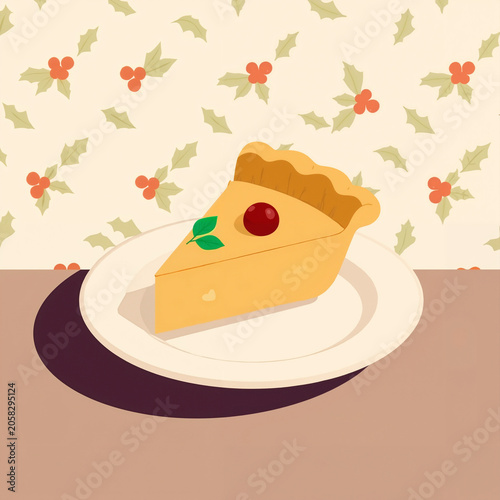 Slice of pie on a plate with holiday background