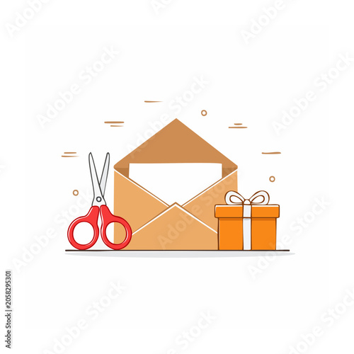Flat design envelope, gift box, and scissors illustration