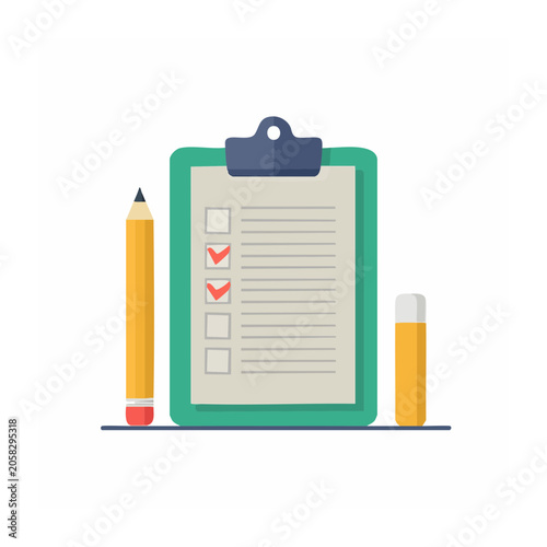 Flat design clipboard with checklist and office supplies