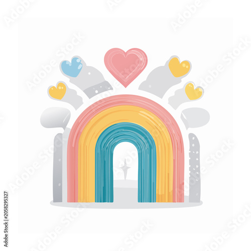 Colorful rainbow arch with hearts and clouds illustration