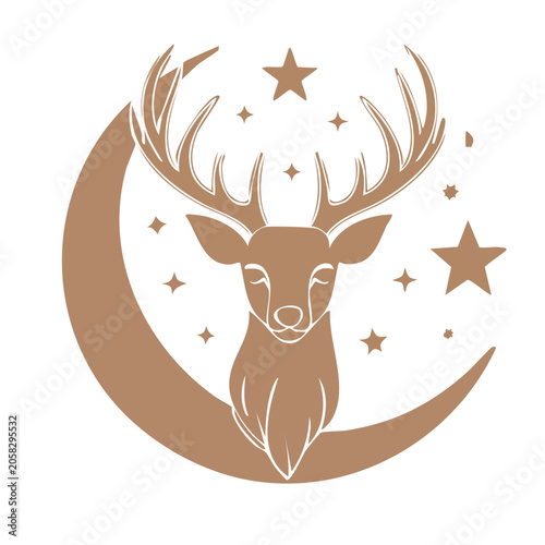 Minimalist deer head illustration with moon and stars