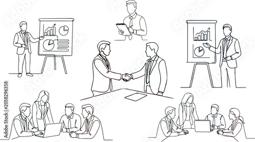 Flat cartoon Business people team working set in continuous line art style with handshake meeting presentation and collaboration elements vector illustration.
