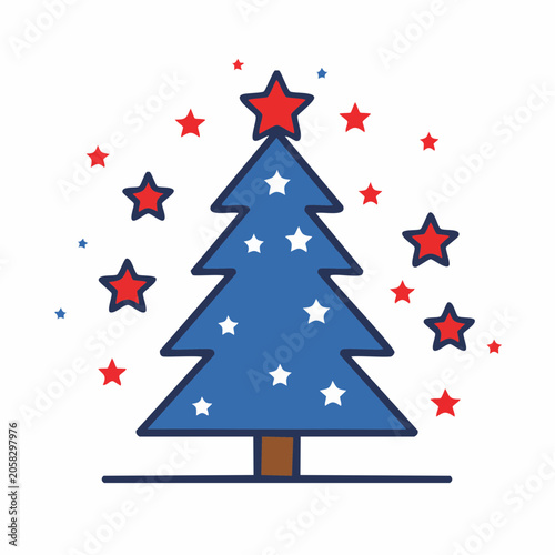 Blue Christmas Tree with Red and White Stars