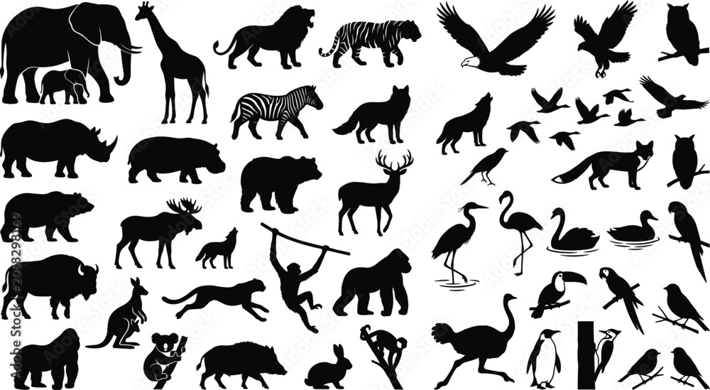 Fototapeta premium Wild animals and birds silhouettes collection vector set with elephant tiger lion deer eagle owl flamingo and monkey for wildlife design decoration