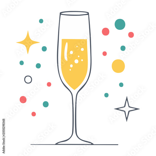 Flat design wine glass with confetti and stars