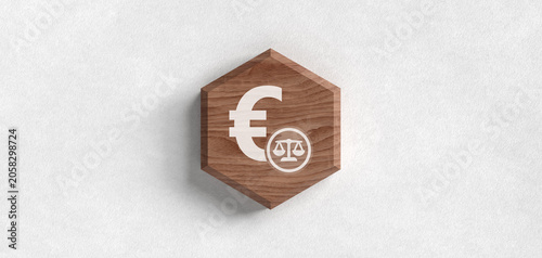 A 3D wooden hexagon featuring an Euro symbol and a balance scale, representing financial law, economic justice, legal compliance, and European monetary policy regulations.