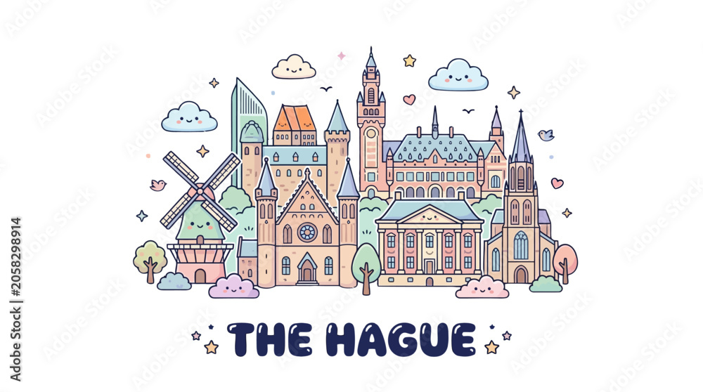 Naklejka premium Charming artistic illustration of The Hague cityscape featuring iconic buildings and whimsical clouds capturing the city's