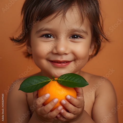 Cute Toddler Boy Holding Fresh Orange Smile Healthy