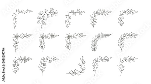 Photos Hand drawn floral corner borders, botanical leaf frame elements, set of 15 black