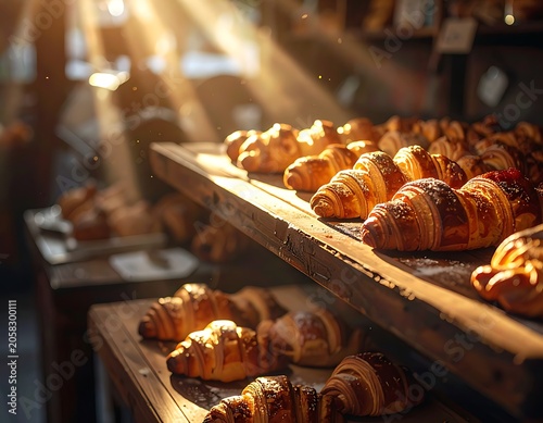 A warm bakery display of assorted croissants
