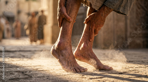 Apostle Peter helping crippled man at temple gate. Historical biblical scene showing miracle of healing described in Acts 3. Religious reenactment of ancient faith and divine grace