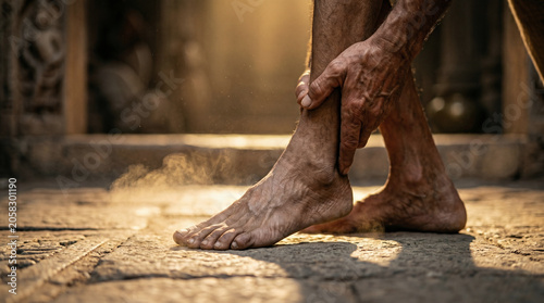 Apostle Peter helping crippled man at temple gate. Historical biblical scene showing miracle of healing described in Acts 3. Religious reenactment of ancient faith and divine grace